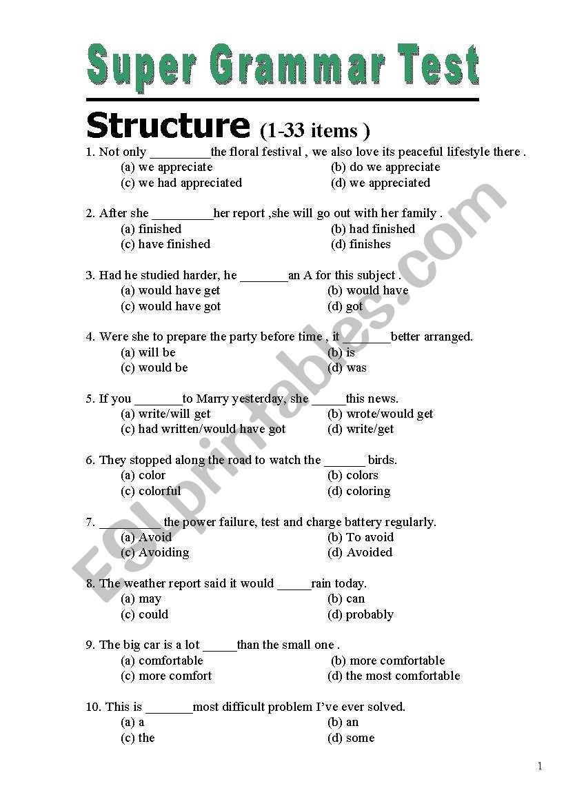 Super Grammar Test (1-33items) 4pages, very very various various various gramars to practise ^^ Lets load